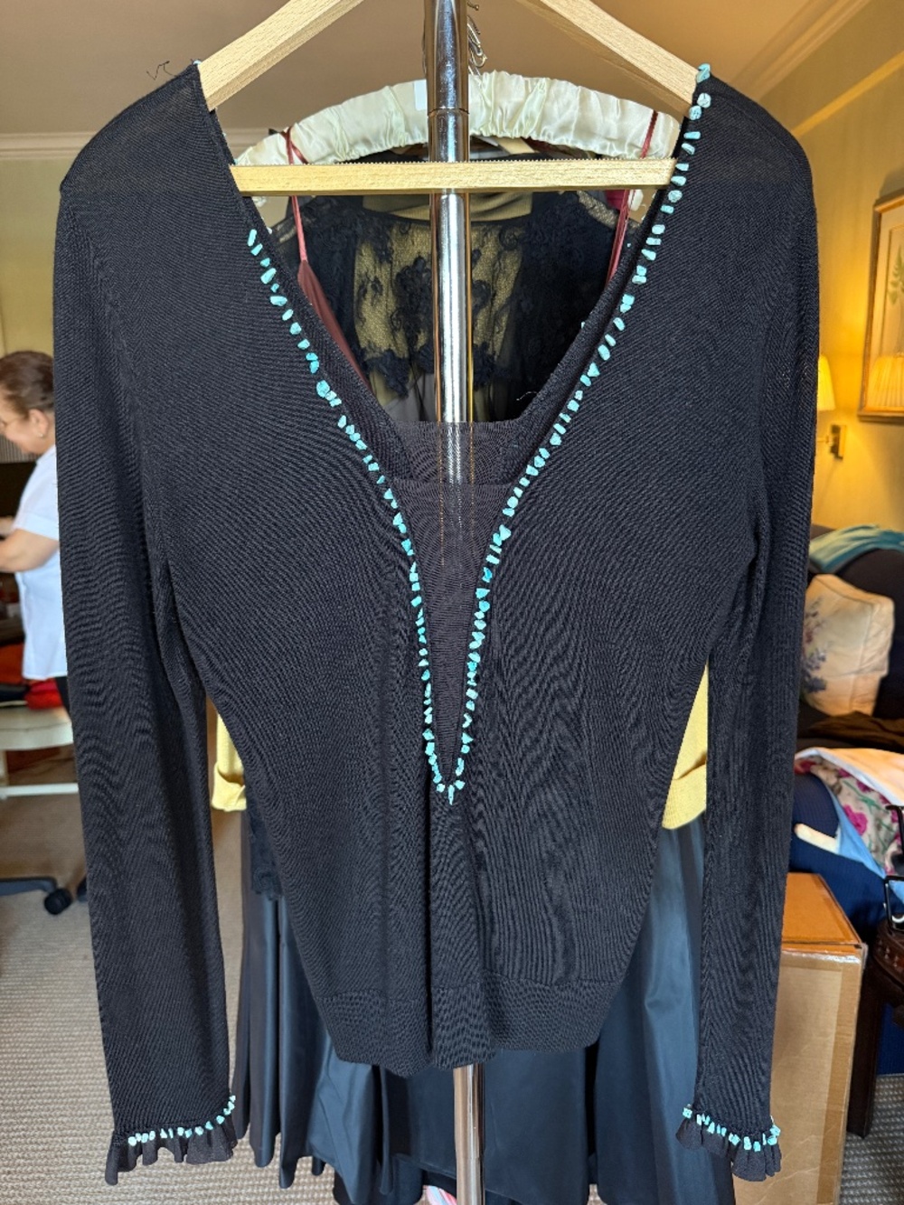 Vintage Black Knit with Turquoise Beaded Trim